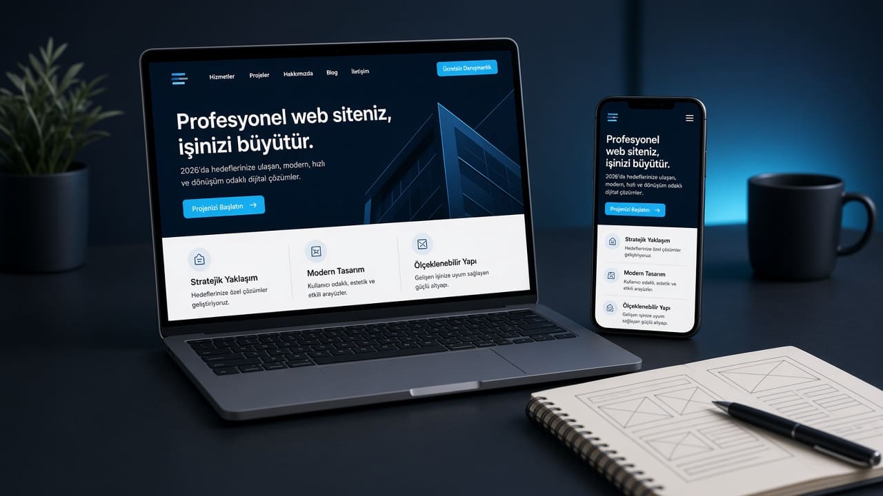 Laptop ve telefonda kurumsal web sitesi arayüzü; profesyonel web projesi planlama masası