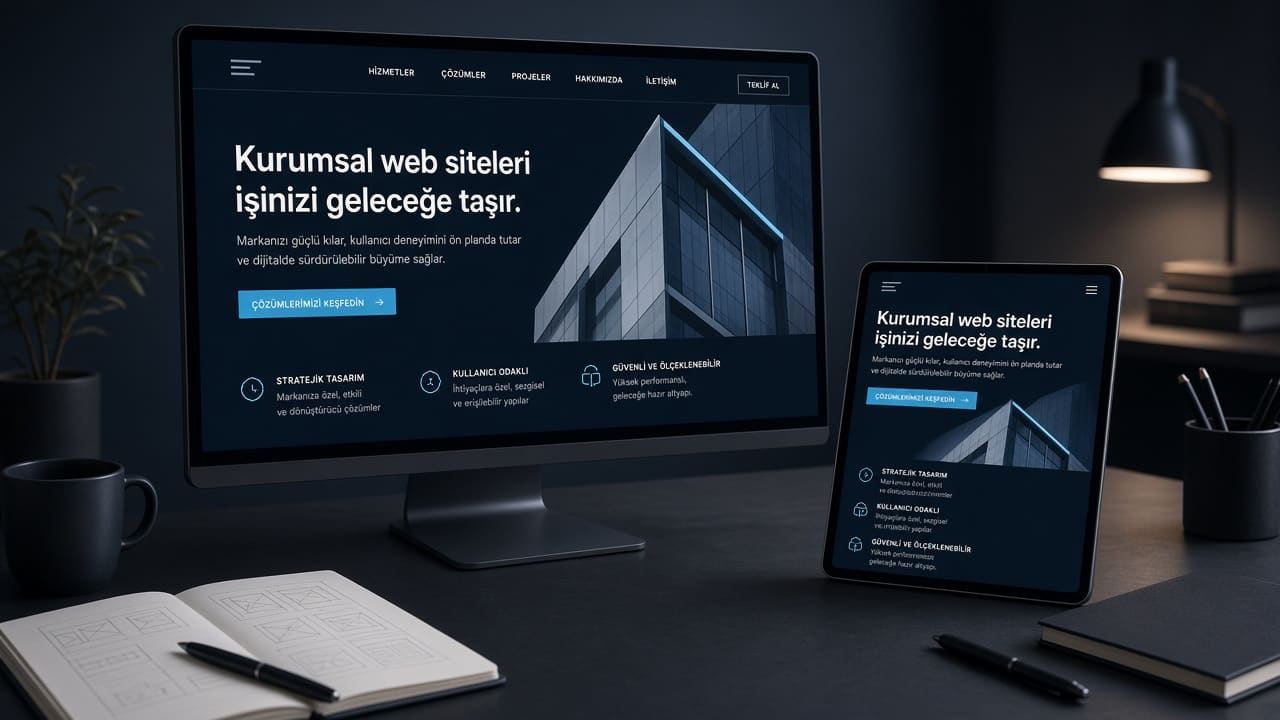 Monitör ve tablette kurumsal web sitesi arayüzü; profesyonel site tasarım planı