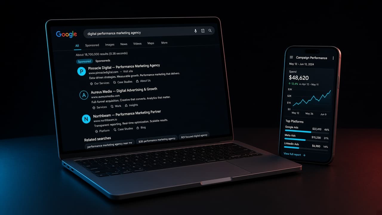 Karanlık masada laptop ve akıllı telefon, arama ve kampanya arayüzü