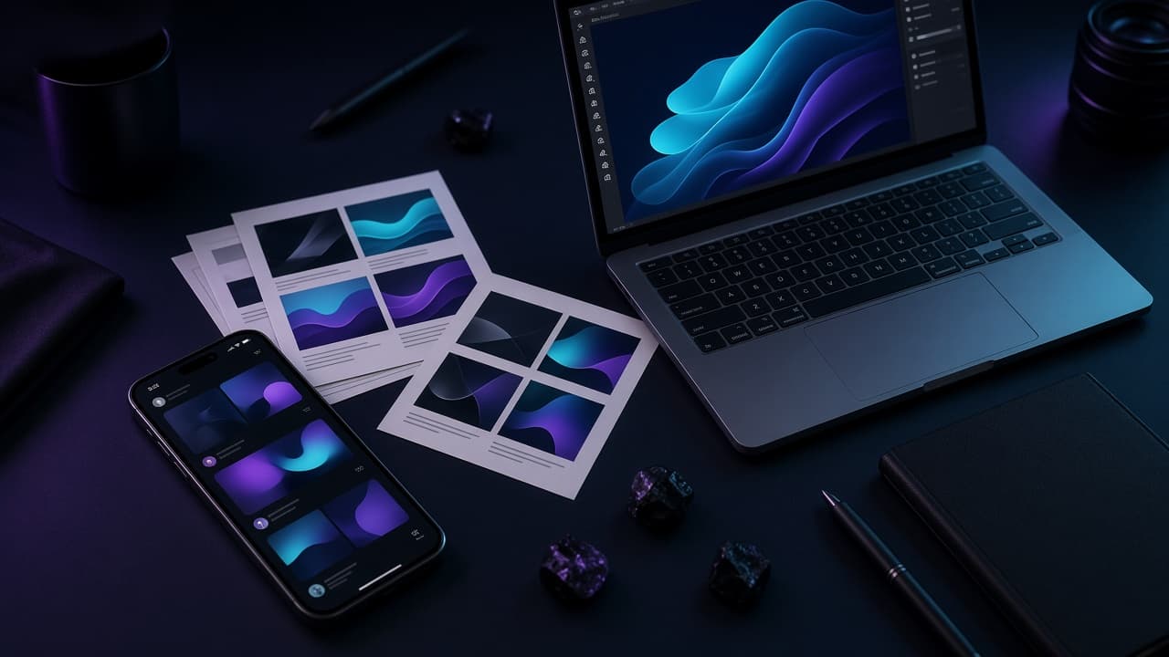 Konsept creative studio: telefon, laptop ve storyboard çalışma masası